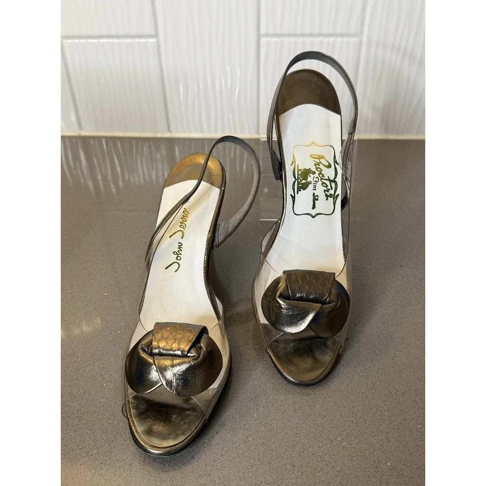 Vintage John Jerro Women's Shoe Clear/Bronze Metallic Sling Backs 8S MCM GUC